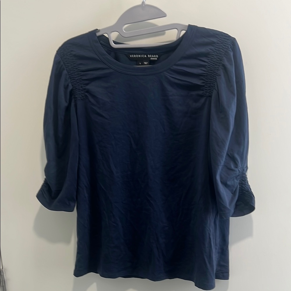 Veronica Beard Blue Ruched 3/4 Sleeve Blouse